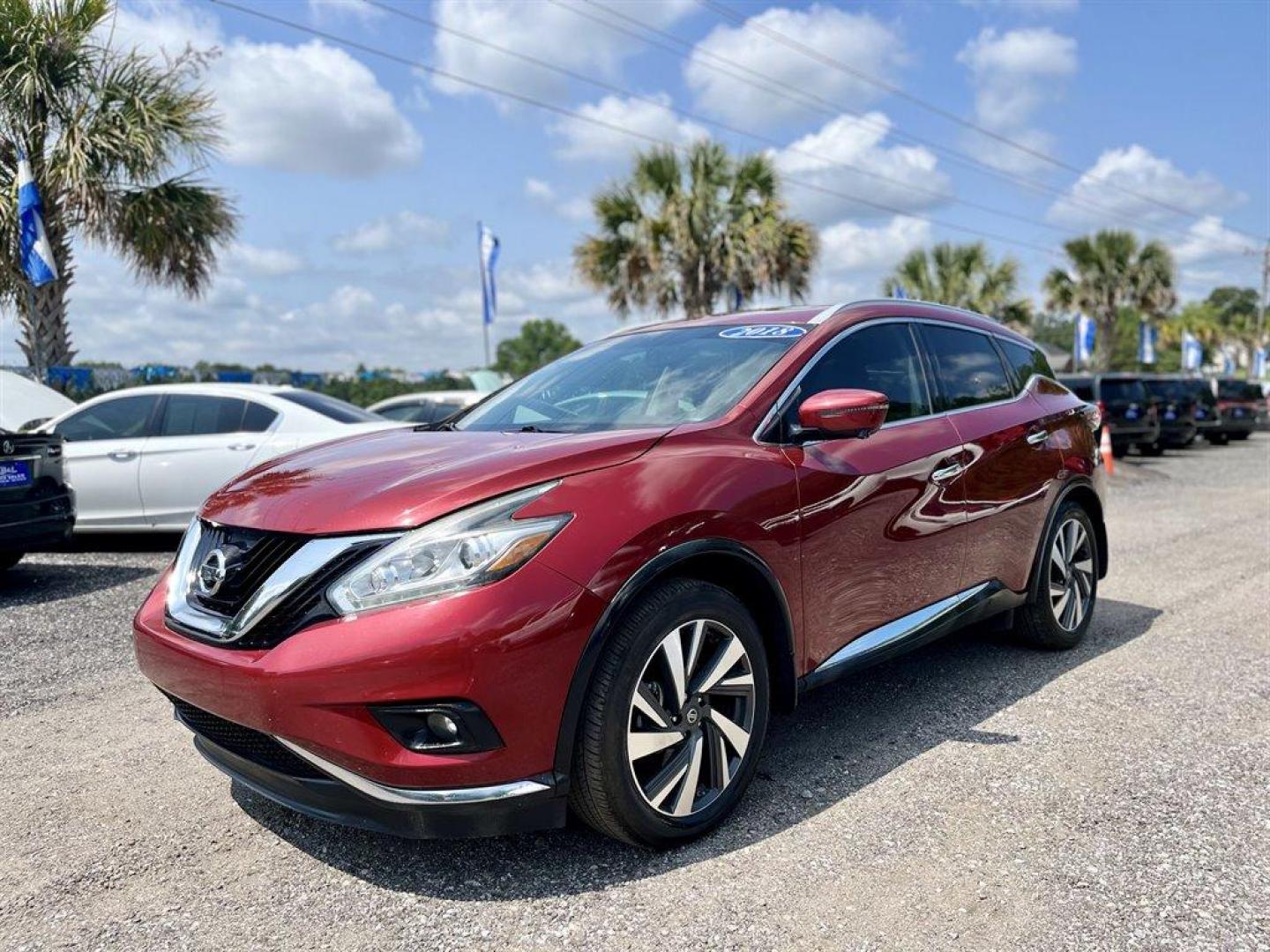 2018 Red /Black Nissan Murano Platinum (5N1AZ2MG2JN) with an 3.5l V6 DI Dohc Cvtcs 3.5 engine, Automatic transmission, located at 745 East Steele Rd., West Columbia, SC, 29170, (803) 755-9148, 33.927212, -81.148483 - Special Internet Price-2018 Nissan Murano With Trial Subscription To SiriusXM, Panoramic Sunroof, Leather Interior, Push Start Ignition, Navigation, Bose Audio System w/11 Speakers Plus Dual Subwoofer, Driver's Seat Position Memory, 60-40 Folding Split-Bench Front Facing Manual Reclining Fold Forwar - Photo#0