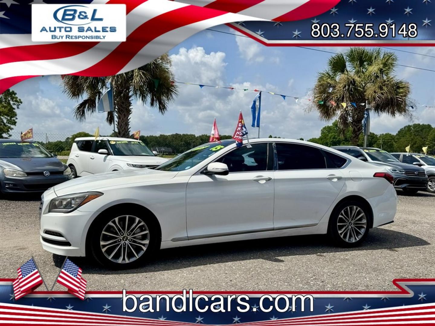 2015 White /Black Hyundai Genesis (KMHGN4JE2FU) with an 3.8l V6 DI Dohc Cvvt 3.8l engine, Automatic transmission, located at 745 East Steele Rd., West Columbia, SC, 29170, (803) 755-9148, 33.927212, -81.148483- Photo#0