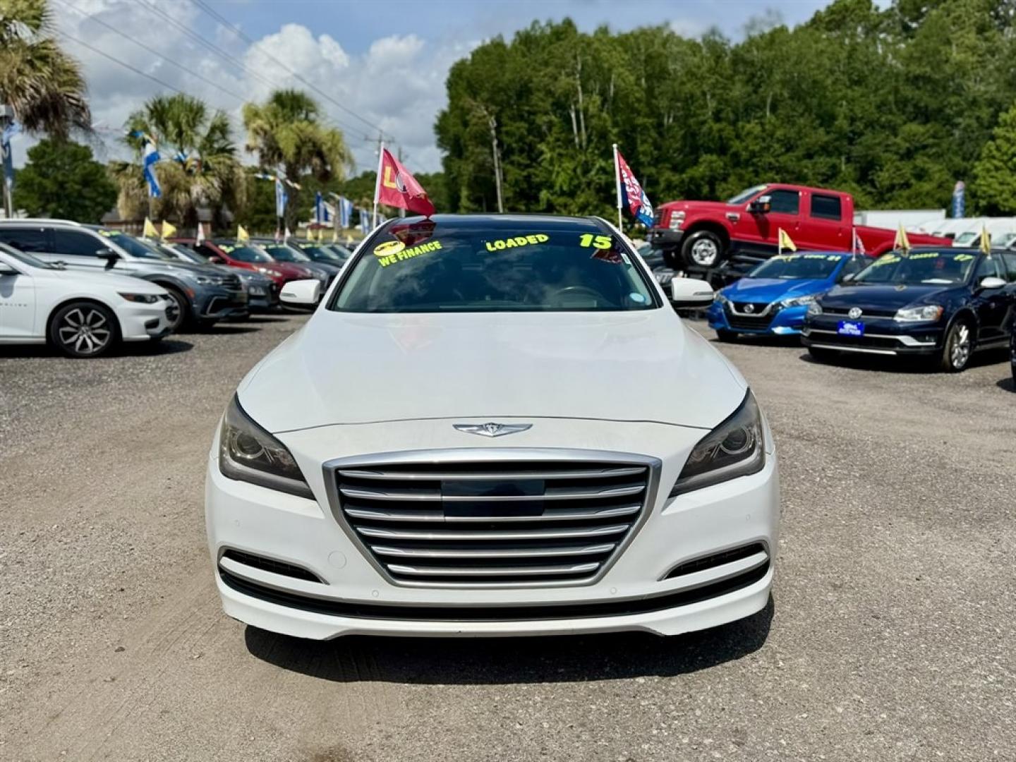 2015 White /Black Hyundai Genesis (KMHGN4JE2FU) with an 3.8l V6 DI Dohc Cvvt 3.8l engine, Automatic transmission, located at 745 East Steele Rd., West Columbia, SC, 29170, (803) 755-9148, 33.927212, -81.148483- Photo#1