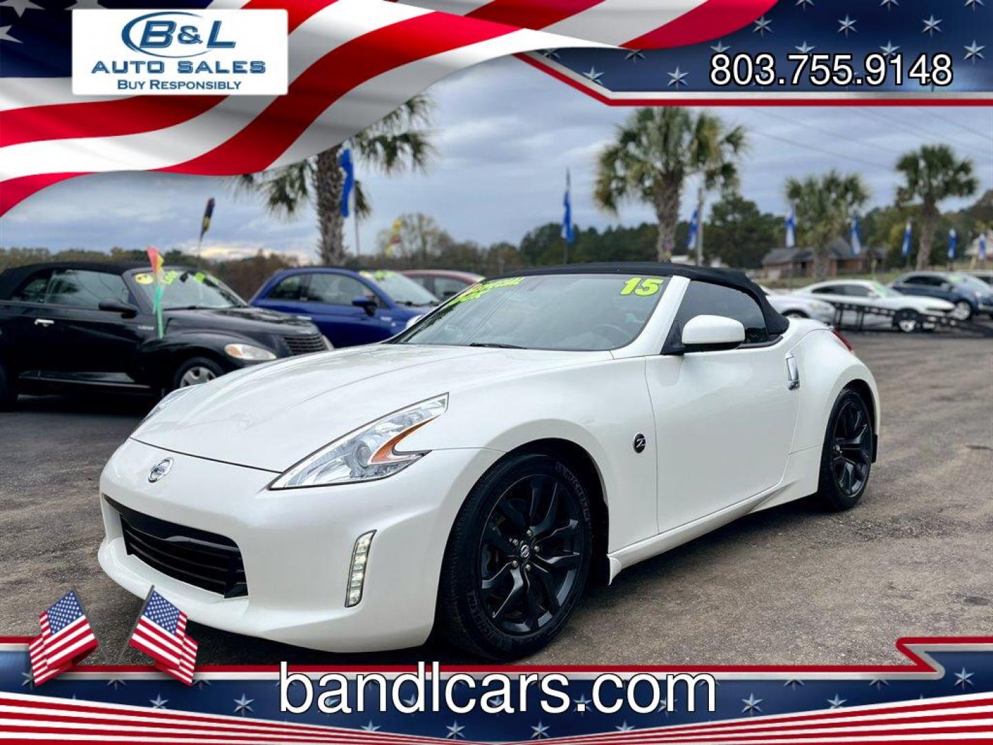 2015 White /Grey Nissan 370z (JN1AZ4FH6FM) with an 3.7l V6 SFI Dohc Cvtcs 3. engine, Automatic transmission, located at 745 East Steele Rd., West Columbia, SC, 29170, (803) 755-9148, 33.927212, -81.148483 - Special Internet Price! 2015 Nissan 370z with convertible top, AM/FM radio, Cruise control, Heated seats, Backup camera, Keyless entry, Powered windows, Powered door locks, Plus more! - Photo#0